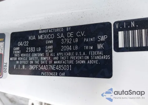 2022 Kia Forte Gt-Line z USA, uszkodzony, nr VIN 3KPF54AD7NE485031